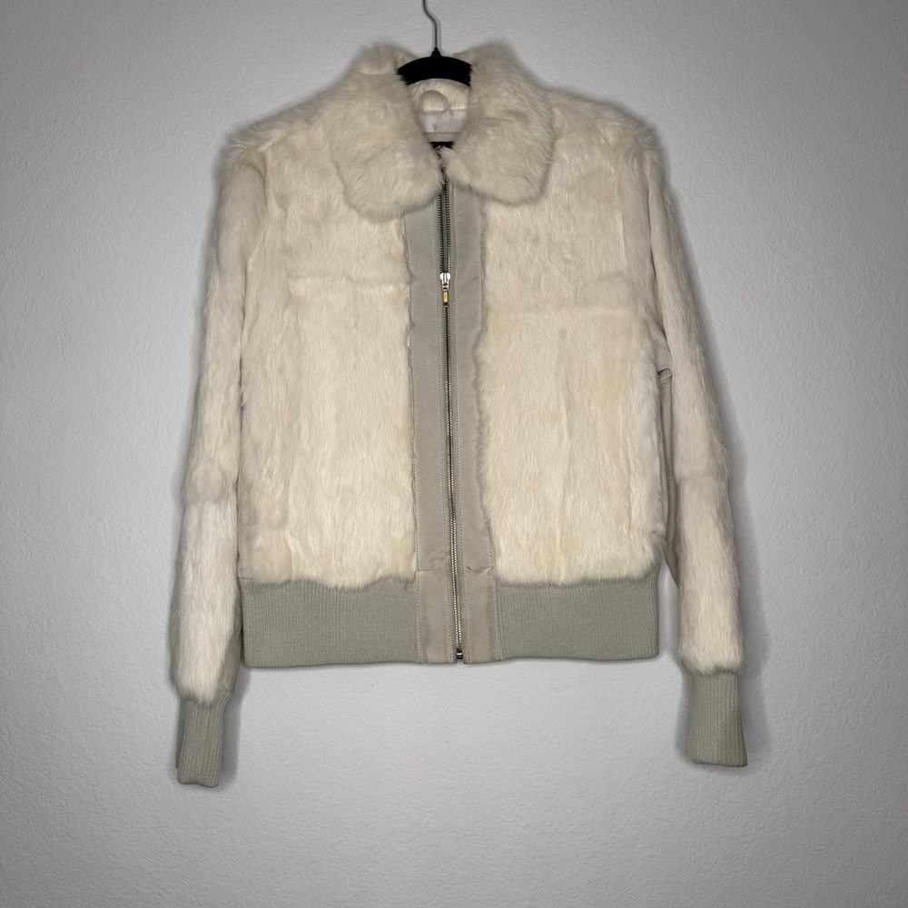 Mixit Coat Vintage Rabbit Fur Cream Zip Ribbed Cuffs Suede Trim Size L